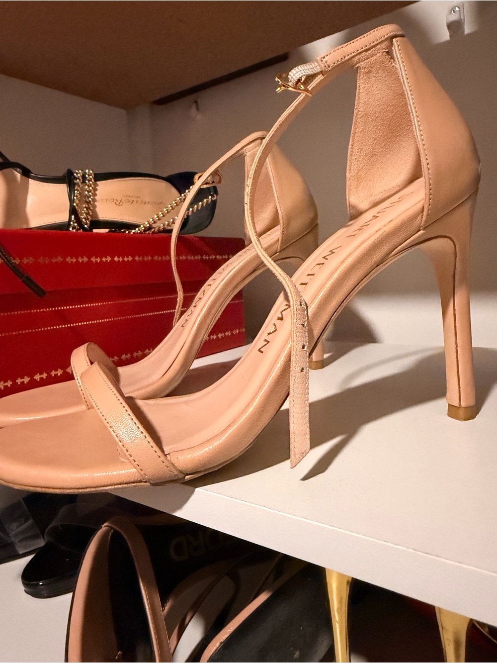 Stuart Weitzman Tan Nude Leather Ankle-Strap Stiletto Sandals - Picture 4 of 5